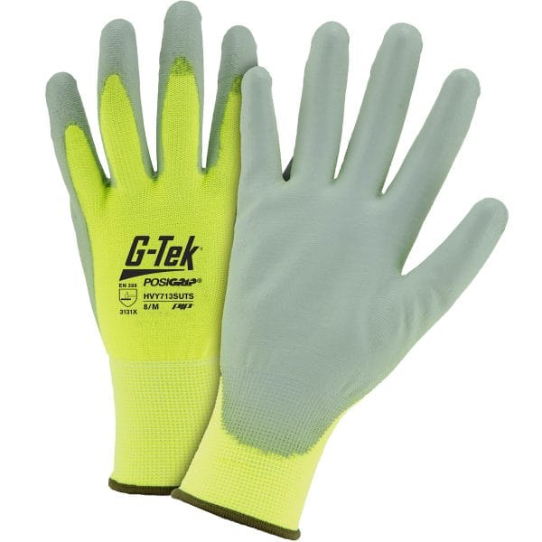 G-Tek® PosiGrip® HVY713SUTS - Hi-Vis Seamless Knit Polyester Blend Glove with Polyurethane Coated Flat Grip on Palm & Fingers - Touchscreen