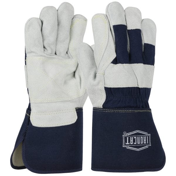 Ironcat® IC8DP - Premium Split Cowhide Leather Double Palm Glove with Fabric Back and Kevlar® Stitching - Rubberized Gauntlet Cuff